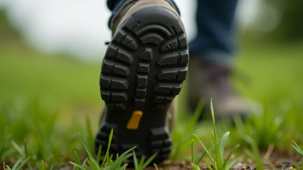 Close-up of proper walking shoe sole with deep tread pattern on wet grass surface