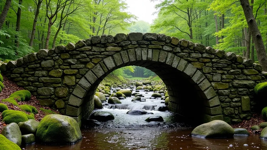 Historic stone bridge crossing over woodland stream in Muckross estate grounds with moss-covered stones and ferns