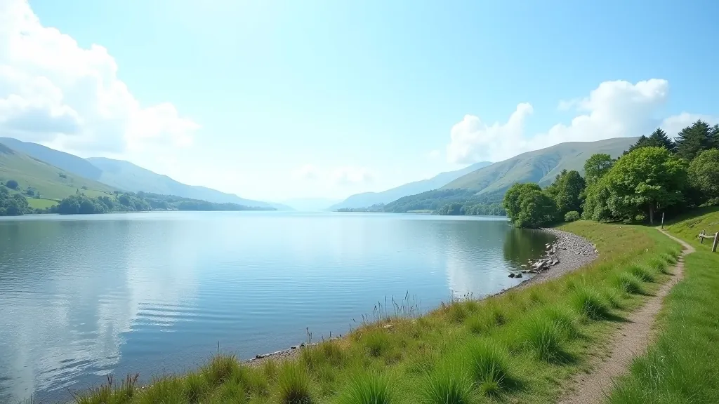Scenic view of Irish lakeside with mountains in the distance
