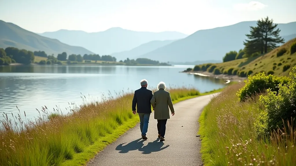 Flat waterside walking path with trees and resting benches along Lough Derg shoreline