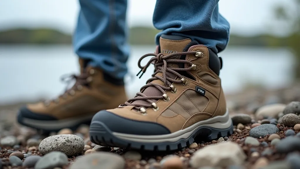 Close-up of proper hiking footwear on rocky lakeside trail surface