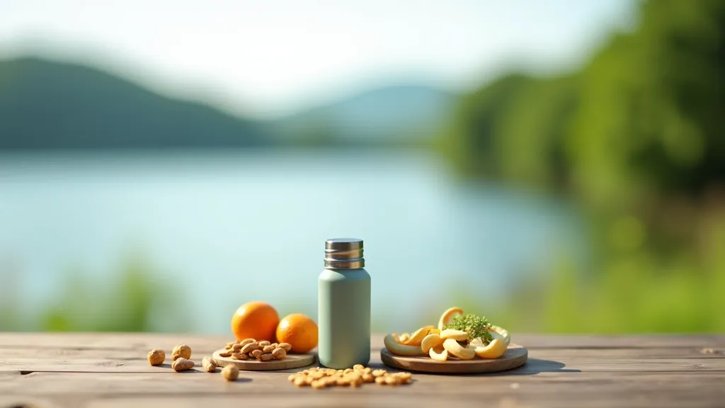Water bottle and hiking snacks on wooden table with lakeside landscape in background