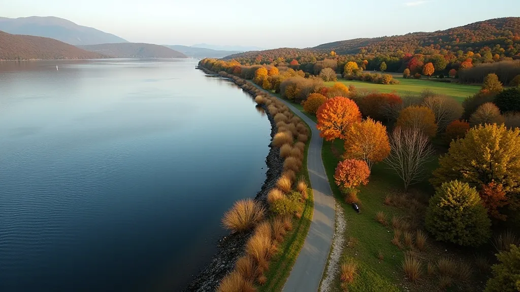 Beautiful overhead view of Lough Derg shoreline showing the walking path winding along the water's edge