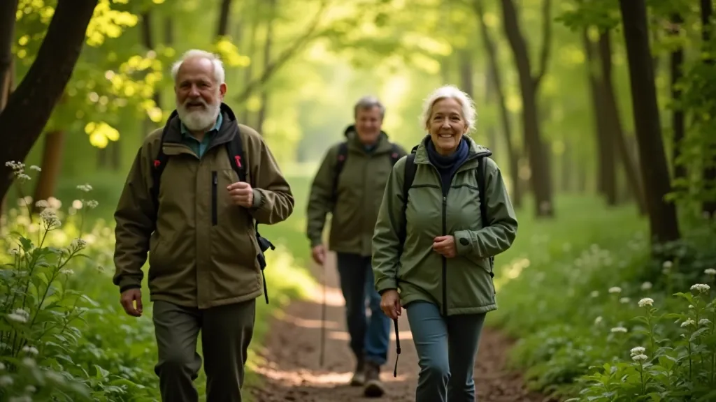 Group of seniors on woodland path, walking together with visible enjoyment and conversation