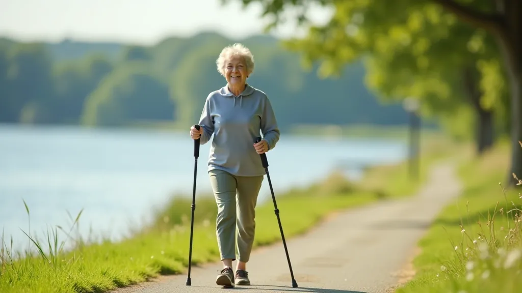 Senior woman walking on flat waterside path with proper footwear and walking poles for stability