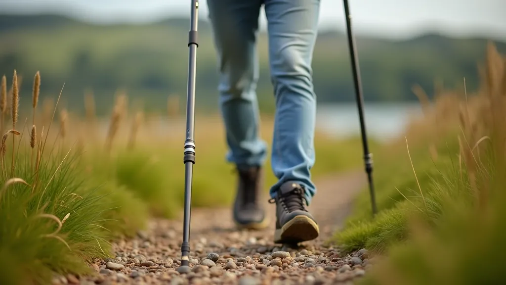 Person using trekking poles on uneven lakeside terrain with visible ground texture