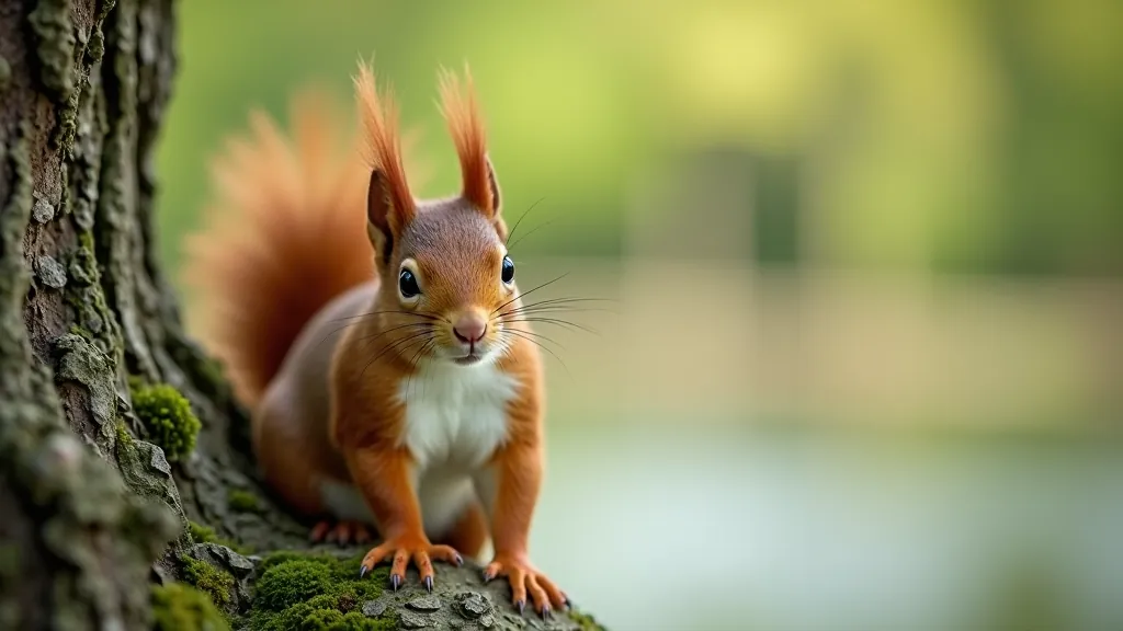 Red squirrel perched on oak tree branch near Muckross Lake with autumn leaves in background