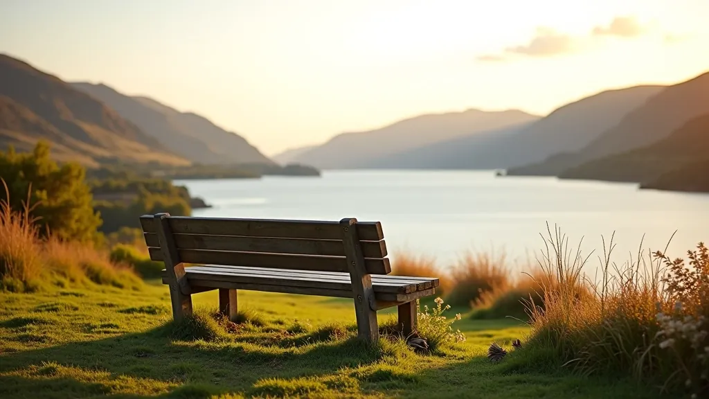 Wooden bench overlooking lake with mountains in background, peaceful resting spot on walking trail