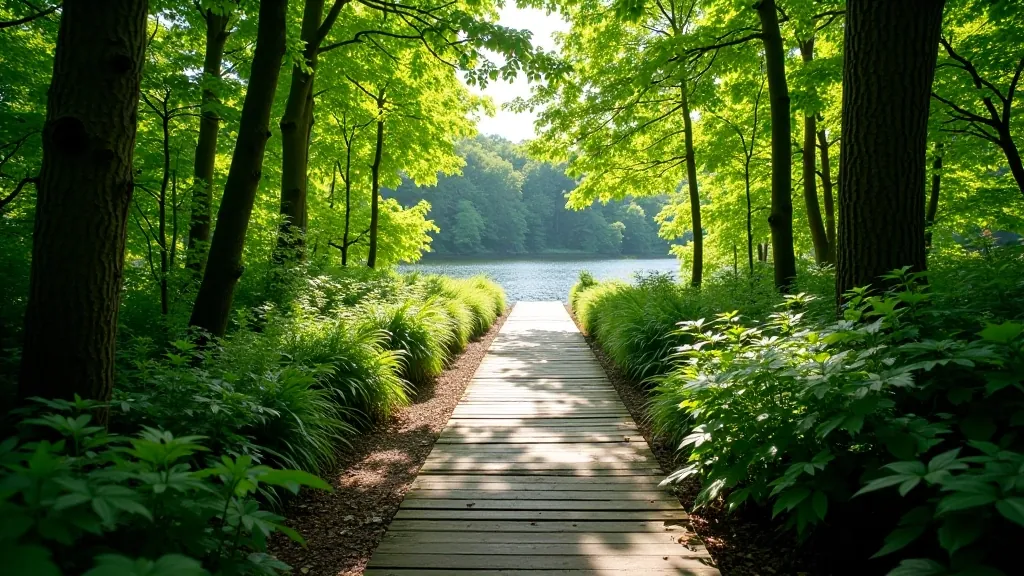 Wooden boardwalk through green woodland overlooking calm lough water