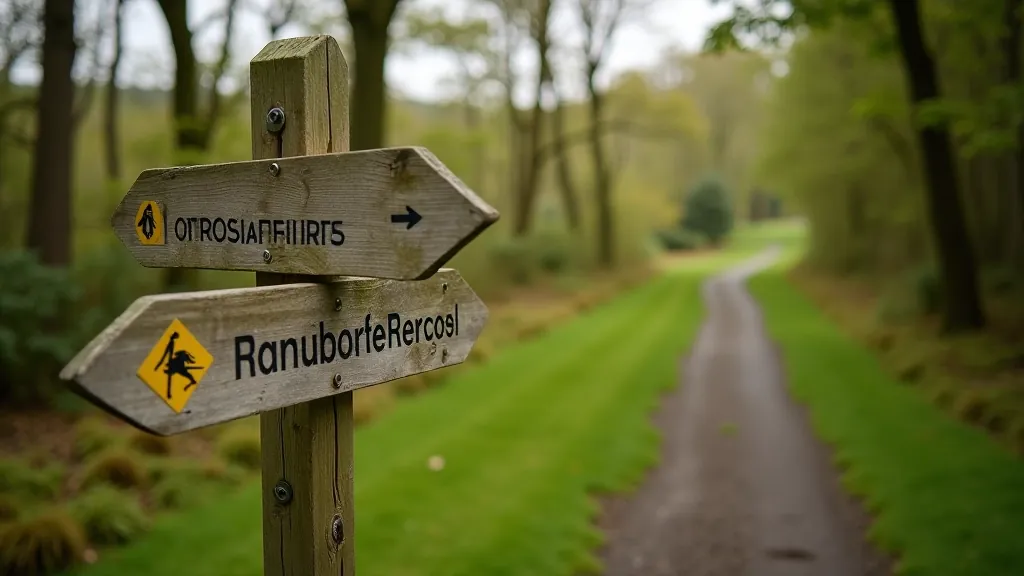 Wooden walking trail signpost at entrance to forest path with directional arrows